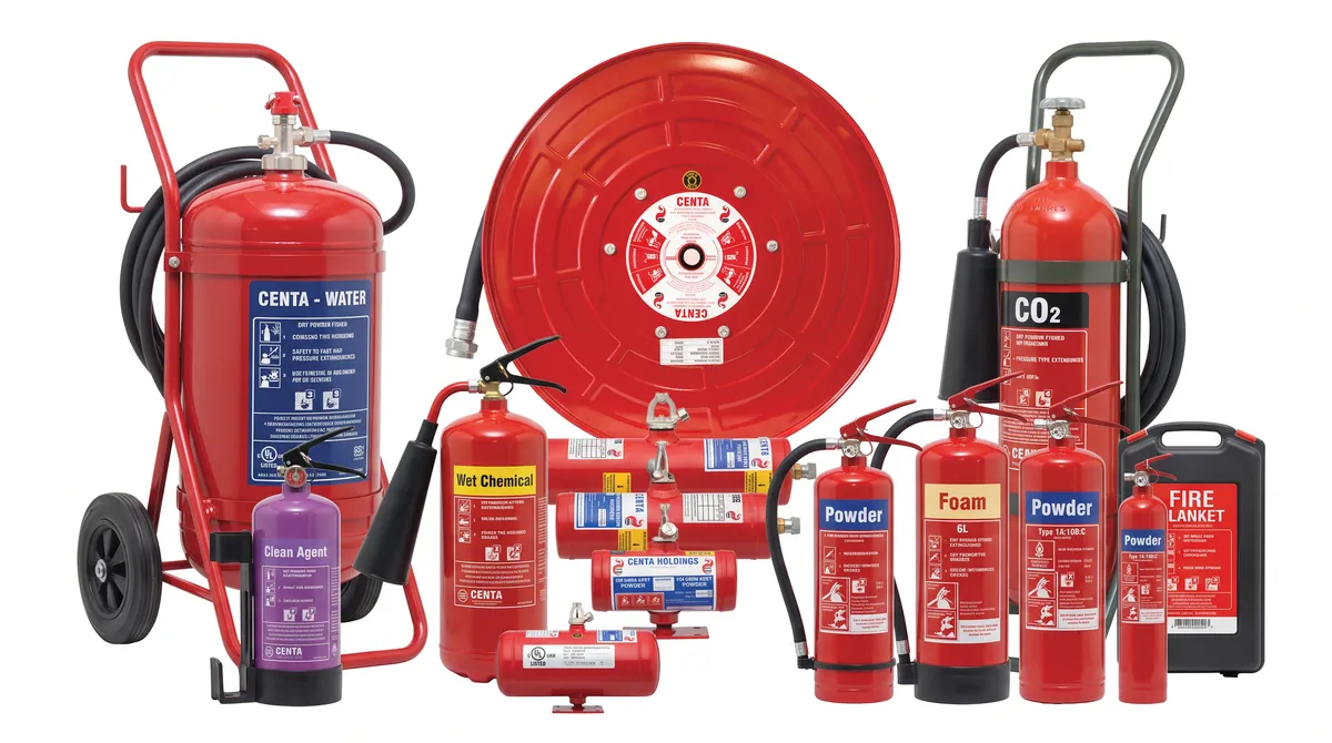 Fire Protection South Africa - portable fire extinguishers - dry chemical powder, foam, CO2, water, wet chemical and clean agent - with a wheeled extinguisher, a fire hose reel, automatic fire suppression units and a fire blanket