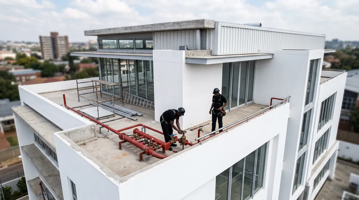 Fire Protection South Africa - two fire protection technicians in black overalls, hard hats and safety harnesses working on red fire water pipework, valves and a hydrant landing valve on the rooftop of a white multi-storey building in South Africa Fire Protection South Africa - two fire protection technicians in black overalls, hard hats and safety harnesses working on red fire water pipework, valves and a hydrant landing valve on the rooftop of a white multi-storey building in South Africa